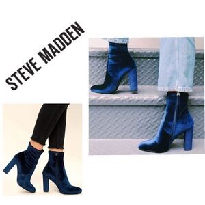 Steven Madden Blue Edit Zip Up Velvet Block Heel Ankle Boots Sz 7 EUC